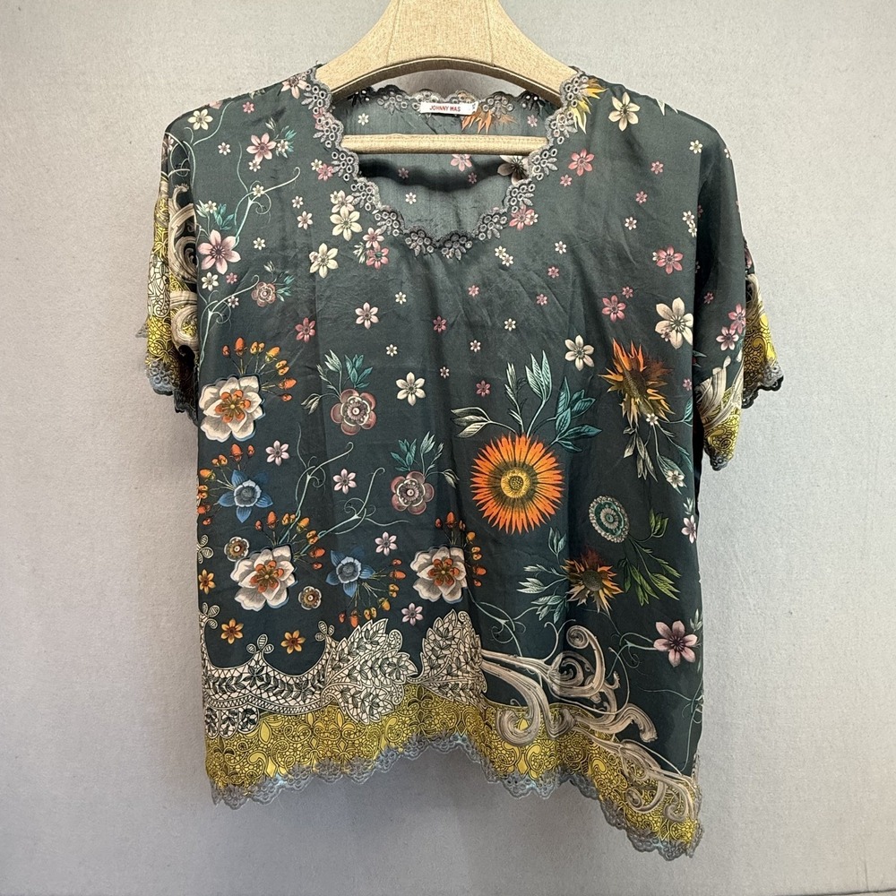 Johnny Was Adalee‎ Silk Blouse XS Slate Green Floral Embroidered Top C13920 - Picture 2 of 11